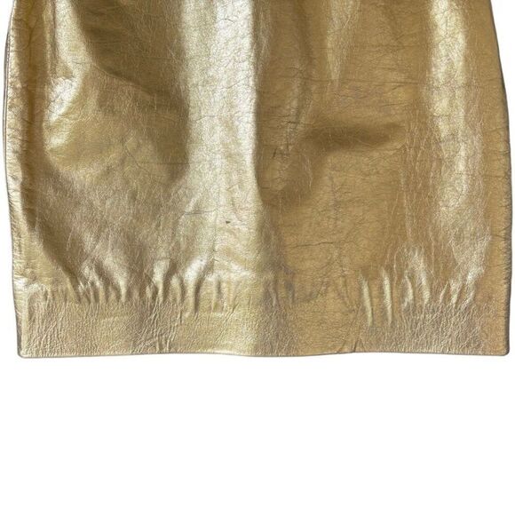Vintage Genuine Leather Arrow Metallic Gold Pencil Skirt Pleated Back Slip Zip - Picture 3 of 8
